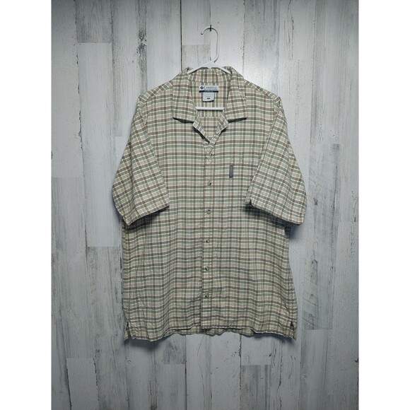 Columbia Mens Short Sleeve Button Up Shirt Green Brown Beige Check XL - Picture 1 of 8